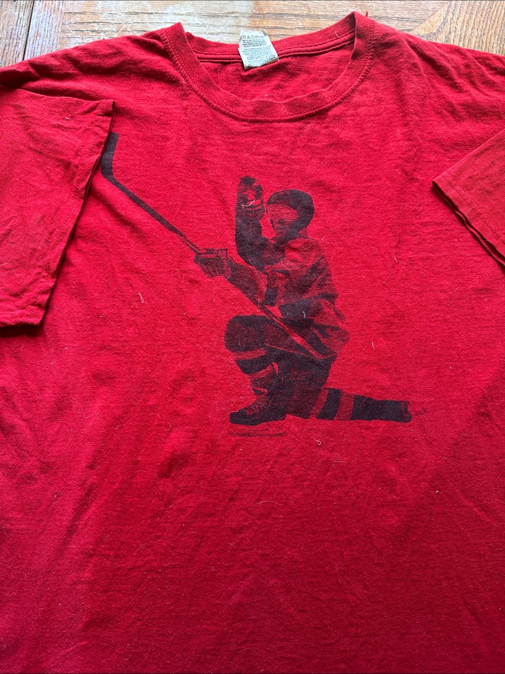 Jerzees Red Tee with Black Hockey Player Graphic